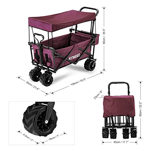 ENKEEO Foldable Utility Wagon Collapsible Sports Outdoor Cart with Removable Canopy, Large Capacity and Tilting Handle for Camping Beach Sporting Events Concerts Shopping (Burgundy)