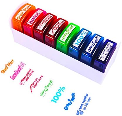 Self-ink Colorful Ad-free Motivation School Rating Stamp, Office Stationery Stamps for Teachers, Comment Job Stamp Set and Storage Tray (8 sets)