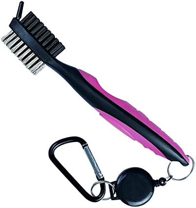 Double-Sided Golf Club Brush Groove Cleaner Nylon Steel Brush With Spike For Cleaning Face With Loop Clip (Pink)