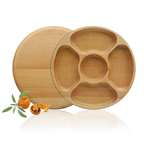 Best Wood Divided Serving Tray 11 inch Round Dessert Chip and Dip Dish Sandwich Appetizer Section Plates Compartment Cheese Platter