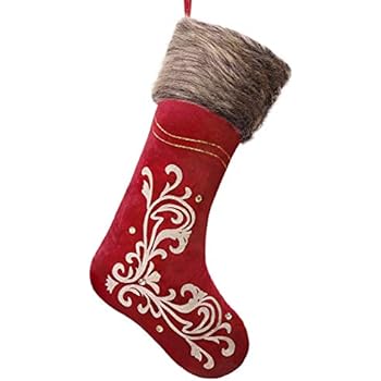 Valery Madelyn 21 inch Luxury Red Gold Christmas Stockings with Baroque Patterns and Faux Fur Cuff, Themed with Tree Skirt (Not Included)
