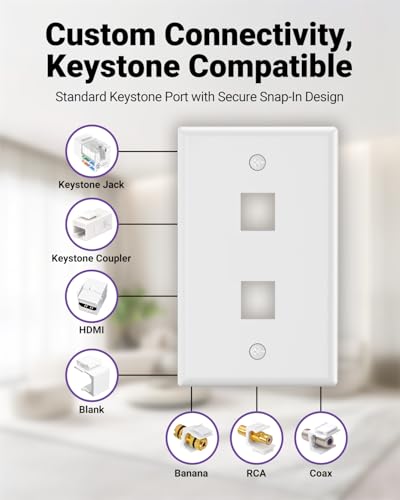 VCE 2 Port Keystone Wall Plate UL Listed (10-Pack), Single Gang Wall Plates for RJ45 Keystone Jack and Modular Inserts, White