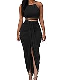 Womens Sexy Cotton Sleeveless Slit Two Piece Maxi Skirt Set