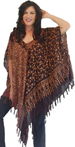 Lotustraders Poncho Tunic Fringe V Comb Batik Rayon Brown One Size H969