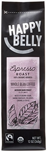 Happy Belly Espresso Roast Organic Fairtrade Coffee, Medium Dark Roast, Whole Bean, 12 ounce