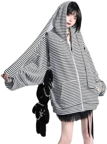 Tyadorw Women Zip UP Hoodie Y2K Japanese Harajuku Striped Bunny
