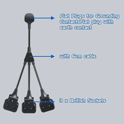 HITRENDS 3 Way Extension Lead with Flexible Cable, 3-n-1 Extension Cable, Adapter Plug UK Turn 1 to 3, Short Extension Lead Black