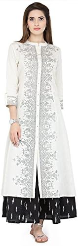 Areum White Cotton Warli Printed Mandarin Collar A-line Front Button Kurta Kurti Tunic for Women/Girls