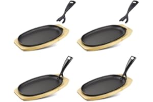 DVK 4 Set Cast Iron Skillet Sizzling Plate With Wooden Base Fajita Skillet With Removable Handle For Home Barbeque Kitchen Se