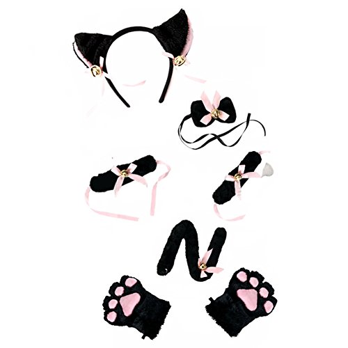Auranso Lolita Kitten Collar Cat Anime Girls Paw Gloves Bow Tie Tail Cosplay Costume Set