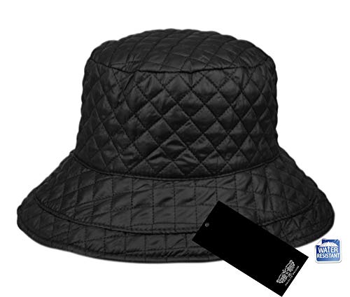ANGELA & WILLIAM Foldable Water Repellent Quilted Rain Hat w/Adjustable Drawstring, Bucket Cap (Black)