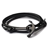 (Many Colors Available) Happiness Jewelry Unisex PU Leather Wrap Bangle Cuff Vikings Sailing Bracelet With Nautical Anchor Alloy Hook Clasp (Black / Black)