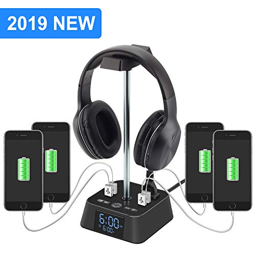 Headphone Stand with 4 USB Charger and 2 Outlet Desktop Headset Holder Hanger Bracket with LED Lamp Alarm Clock Base – Suitable for Gaming, DJ, Boyfriend Gift(Black)