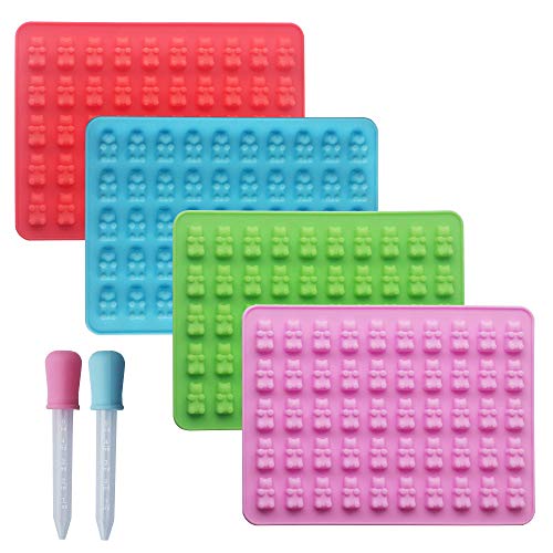 homEdge Silicone Gummy Bear Candy Molds, Set of 4 Packs Non Stick Food Grade Chocolate Gummy Mold Bonus with 2 Dropper-Blue, Red, Green and Pink