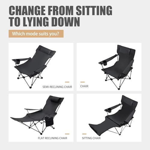 Reclining Camping Chair with Removable Footrest, Adjustable Camping Lounge Beach Chair with Padded Headrest, Cup Holder & Carry Bag, Camp Chair with Foot Rest Lawn Chairs for Camp, Fishing,Office