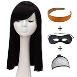 Long Black Hair Wigs for Women Kids Straight Natural Cosplay Wig with Orange Headband and Eye Mask BU136
