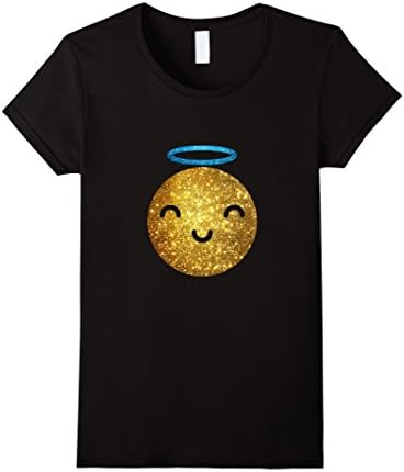 Womens Emoji Shirt - Glitter Angel Face With Halo Emoji T Shirt Large Black