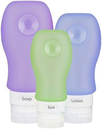 Travel Bottles Set, BPA Free Leak Proof Refillable Portable Soft Silicone Bottle Container with Clear EVA Travel Bag for Cosmetics, Toiletries, Pack of 3 ( 3, 2, 1.25 Ounce) - with Sucker