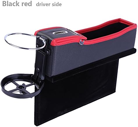 Malcam Multi-fuctional Car Seat Leather Storage Box, Console Side Pocket, Gap Catcher with Coin Organizer and Cup Holder(Black and Red,Driver side)