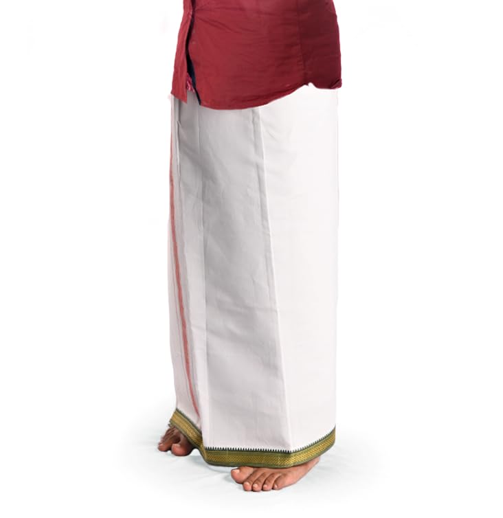 Cotton Dhoti Vesti Mundu Single Layer Traditional Ethnic Wear White with Colored Large Border 3.6 meters for Religious Occasion Wedding New Year Temple Puja Rituals Housewarming and Gifting