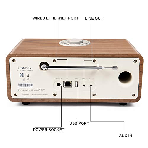LEMEGA M3+ Smart Music System with Wireless Internet Radio, FM Radio, Bluetooth, Spotify, WIFI, 2.1 Channel Stereo Speaker, USB MP3, Headphone-out, AUX-in, Alarms, Clocks,App & Remote Control (Walnut)
