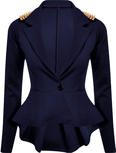 Forever Womens Long Sleeves Plain Spikes Shoulder Peplum Button Blazer