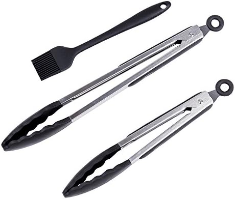 FindNew Stainless Steel Silicone Locking Kitchen Tongs-Rubber Tips and Clip,Heavy Duty, Non- Stick,Heat Resistant Utility Tong For BBQ(Set of 3(With Brush), Black)