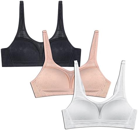 WoFee Big Girls Cotton Full Cup Breathable Net Training Bras Pack of 3 Black+Nude+White 32