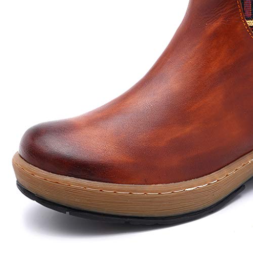 ❤Kauneus❤ Retro Boots for Women National Style Classic Canvas and Leather Boots Lace up Printed Fashion Knee High Boot Brown