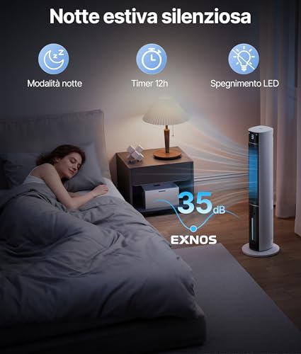 EXNOS Ventilatore a torre con raffreddamento ad acqua – ventilatore a piantana con telecomando silenzioso, aria condizionata mobile senza tubo di scarico, 3 modalità e gradini, aroma timer 12H, Bianco