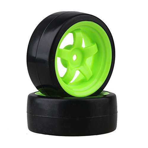 BQLZR 65 mm OD Black Plastic Smooth Tires with Green Wheel Rims for RC 1: 10 On Road Racing & Drift Car Pack of 4