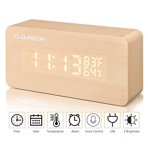 floureon Wooden LED Alarm Clock, FOULREN Wood Cube Digital Desk Alarm Clock with 3 Brightness Adjustable, 3 Se