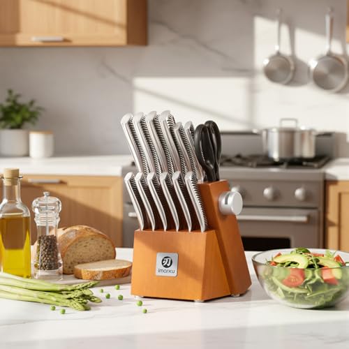 imarku 14-Piece Knife Set, Japanese Stainless Steel Knives Set for Kitchen, Full-Tang Gyutou Knife Sets with Block and Build-in Sharpener, Brown, Dishwasher Safe, House Warming Gifts for Men