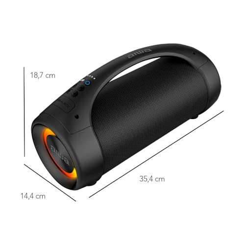 Aiwa Bocina Inalámbrica AWS600BT True Wireless con Bluetooth, LED, Resistencia IPX5, 50W RMS, Color Negro, Portátil para Exteriores, Radio Integrada, Batería Recargable y Diseño Cilíndrico