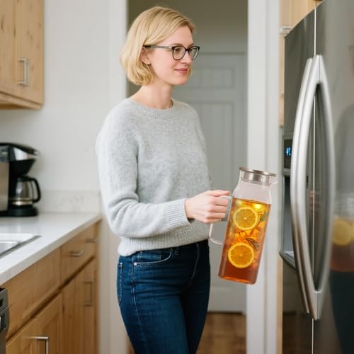 Litrue Glass Carafe 2 Litres, Water Carafe with Lid, Carafe Glass for Fridge Door, Water Jug Square for Cold Hot Water Iced Tea Wine Juice Tea Milk DIY Drinks (with Cup Brush)