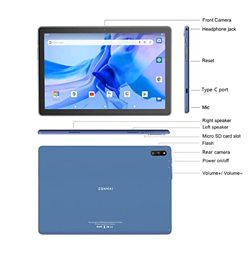 ZONMAI Tablet 10.1 Inch Android 10 Tablets, 4GB RAM 64GB ROM 1.6GHZ Quad-Core Processor, 8MP Camera, 5G WiFi, 8000mAh Battery, Bluetooth 5.0, Type C, 1280x800 HD IPS Screen Tablet PC