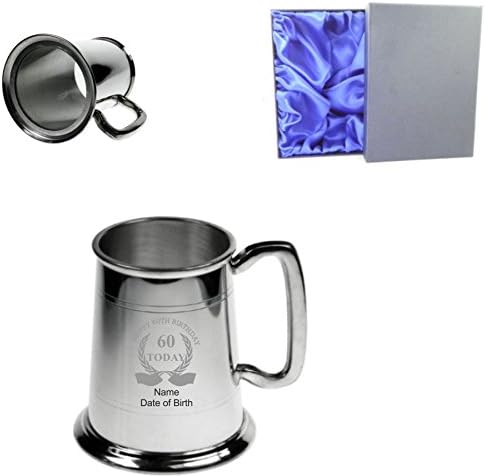 1 Pint Personalised Engraved Double Lined Glass Bottom Pewter Tankard With Happy 60th Birthday Wreath Design and Silk Lined Presentation Box