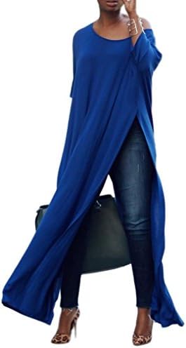 Women One Off Shoulder Batwing Long Sleeve High Split Maxi Tops Long T Shirts Dress Blue M