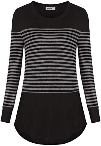 Dimildm Women's Round Neck Long Sleeve Cotton Tshirts Casual Striped Tunic Tops