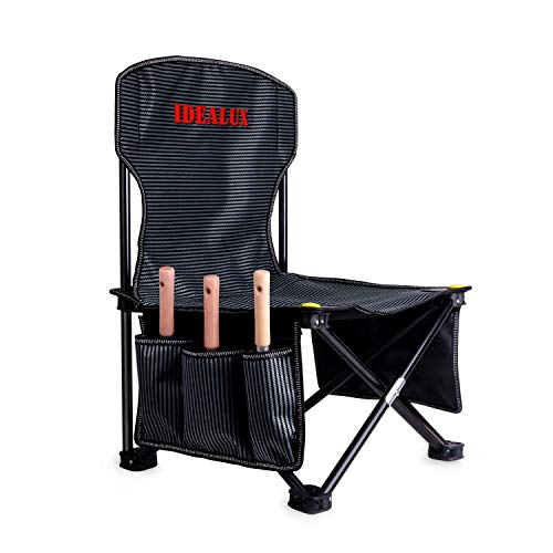 IDEALUX Garden Tool Set with Tote Folding Stool,Trowels,Cultivator and Weeding Fork.Includes Folding Stool Seat with Backrest and Storage Pocket.Garden Gift for Men & Women.