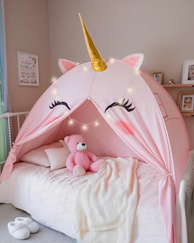 Large Unicorn-Shaped Kids Indoor Tent with Star Lights - Fits Twin Bed, Mesh Window, Tablet & Bottle Holder - Machine Washable Play & Sleep Space for Toddlers & Girls