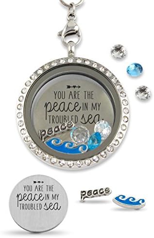 "Peace in My Troubled Sea" Floating Charm Living Memory Locket Magnetic Closure 30mm Stainless Steel Pendant Necklace with Crystal Charms