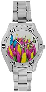 Colorful Tulips Flowers and Butterflies Custom Men's Stainless Steel Analog Watch