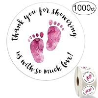 1.5 Inch Round Baby Shower Stickers, Thank You for Showering Us with So Much Love - Pink Foot Stickers, Total 1000 Labels Per Roll