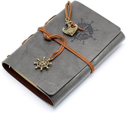 Leather Writing Journal Notebook, Classic Embossed Vintage Nautical Spiral Blank String Refillable Diary Notepad Sketchbook Travel to Write in, Unlined Paper, Retro Pendants (A6, Grey)