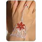 Jumwrit Shiny Finger Ring Hand Chain Bracelet Boho Sparkle Rhinestone Flower Silver Link Hand Harness Cosplay Open Ring Bracelet Wedding Bridal Accessories for Women