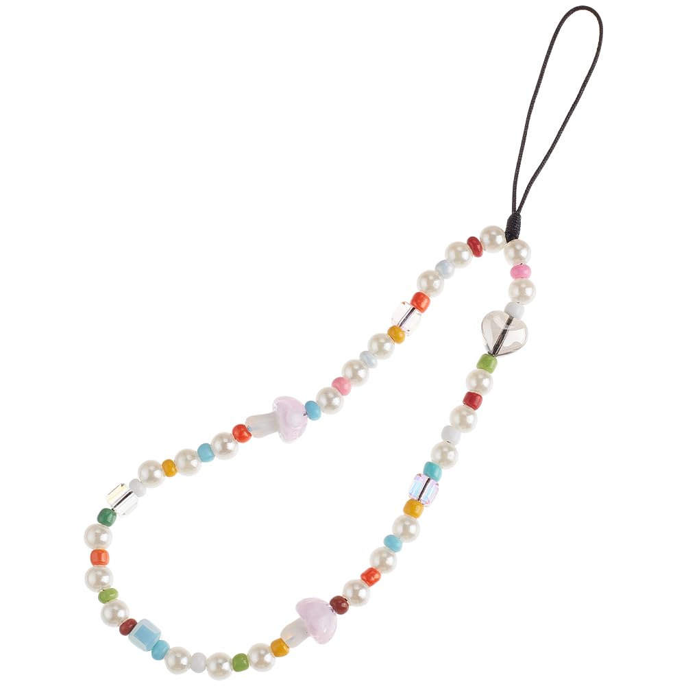 GORGECRAFT 19CM Phone Charm Strap Anti-Lost Wrist Chain Beaded Phone Strap Mushroom Heart Detachable Cell Phones Universal Handmade Keychain Phone Case Accessory Pearl Lanyard for Women Girl