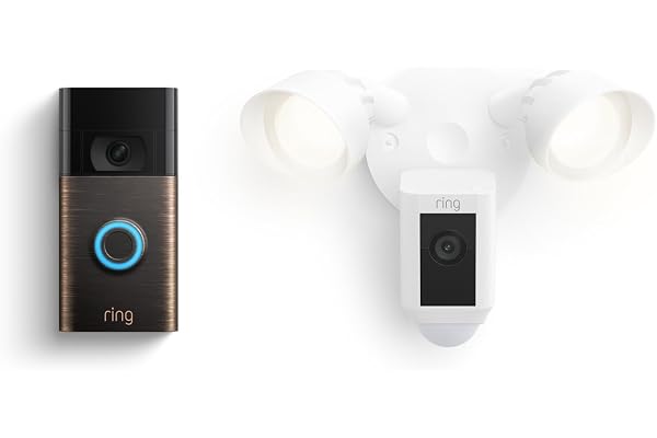 Ring Floodlight Cam Wired Plus, White with Ring Video Doorbell, Venetian Bronze