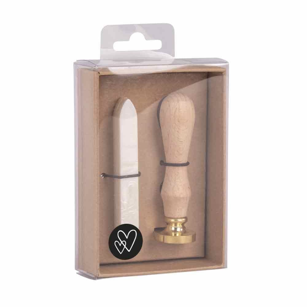 Rayher 29208103 Wax Seal Kit with Heart Design Stamp and Metallic White Sealing Wax for Wedding Invitations, Engagement Cards and Birth Announcements, 12g