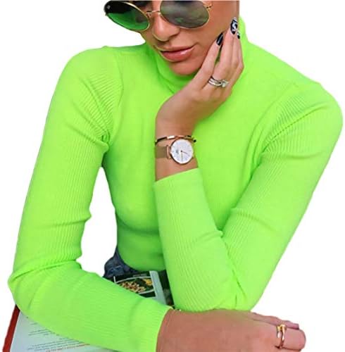 Limtery Women's Fluorescent Turtleneck Rib Long Sleeve Stretchy Pullover Sweatshirt Top